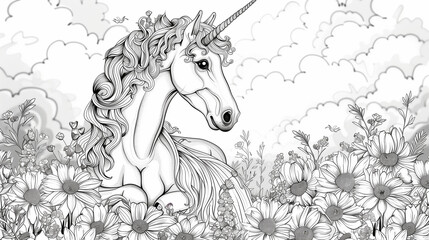 Coloring book for drawing and dreaming. Coloring book for girls, kids, cute happy unicorn, picture book for drawing, fantasy magic world for princess