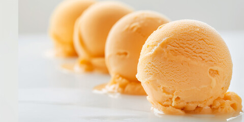 Sophisticated peach prosecco sorbet, an image of sophisticated peach prosecco sorbet, its light orange hue and bubbly texture set against a pristine white background