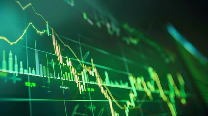 Fototapeta premium walpaper of detailed and engaging image of a stock market chart with a clear upward trend, shown at a dynamic angle. The chart should feature pronounced and distinct candlestick patterns,