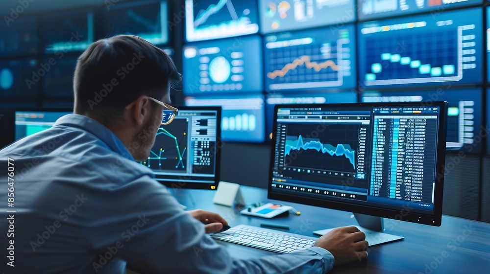 Poster Analyst working with computer in Business Analytics and Data Management System  with KPI and metrics connected to the database for technology finance operations sales marketing Data an : Generative AI