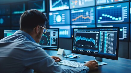 Fototapeta premium Analyst working with computer in Business Analytics and Data Management System with KPI and metrics connected to the database for technology finance operations sales marketing Data an : Generative AI