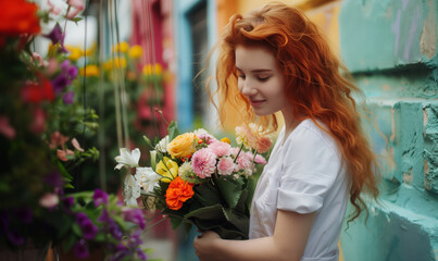 Red-Haired Woman Holding Fresh Bouquet of Flowers