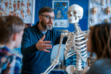 Teacher Explaining Skeleton Anatomy Model to Students