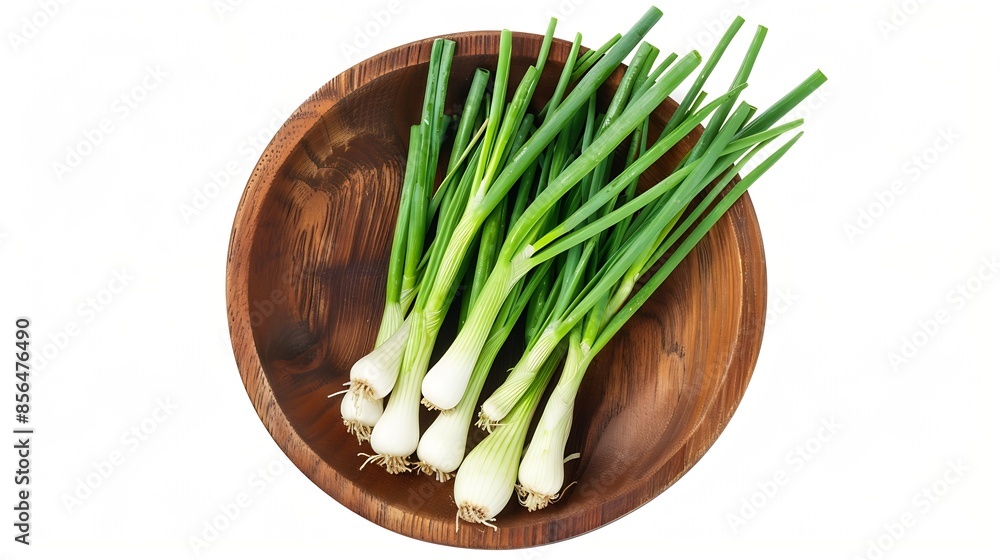 Poster green onion in wooden bowl isolated on the white background top view flat lay : generative ai