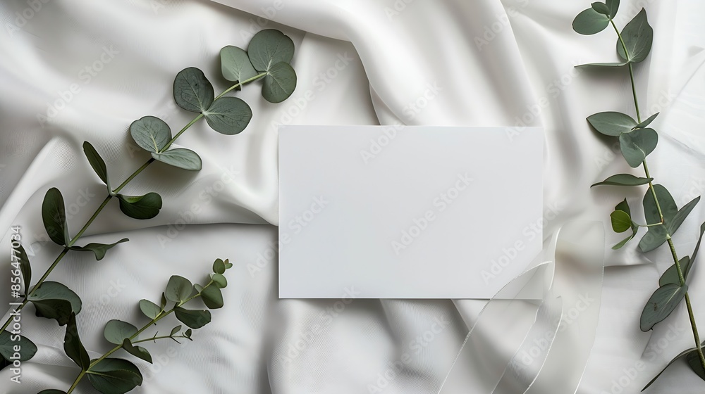Poster name card mockup with eucalyptus and ribbon : generative ai