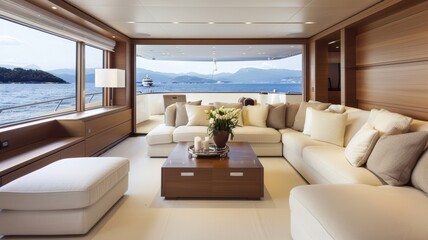 Luxurious Yacht Interior with Scenic Ocean View and Modern Furnishings