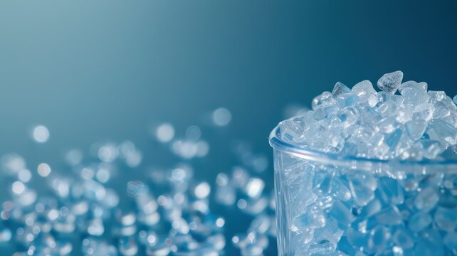 Close-Up of Transparent Plastic Pellets in a Clear Container with Blurred Background
