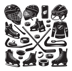 Set of ice hockey player and equipment icon. Vector illustration. Set include: player, helmet, sticks, goalkeeper, puck and skates silhouettes. Elements for badge, logo design