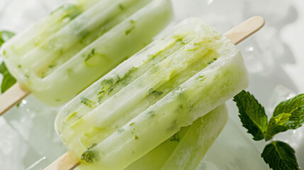 Elegant cucumber mint ice pop, a closeup image of an elegant cucumber mint ice pop, its green and white hues refreshing against a crisp white background