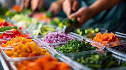 Healthy meal prep scene with colorful vegetables being chopped and portioned into containers