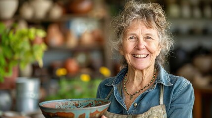 A cheerful senior woman holding handmade pottery, surrounded by a cozy workshop filled with various ceramics.