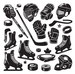 Set of ice hockey player and equipment icon. Vector illustration. Set include: player, helmet, sticks, goalkeeper, puck and skates silhouettes. Elements for badge, logo design