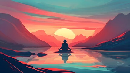 Solitary Meditation by the Serene Mountainous Lake at Sunset