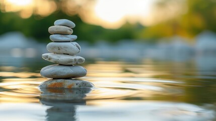 Obraz premium A stack of smooth stones balanced in calm water, symbolizing peace and tranquility in a natural setting.