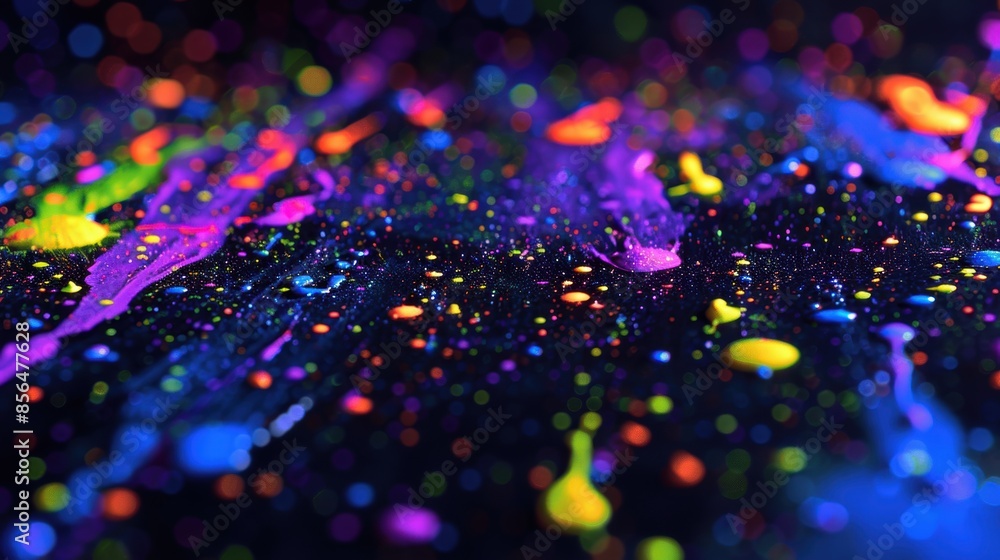 Poster vibrant splashes of neon paint on a dark background, creating a dynamic and energetic abstract art p