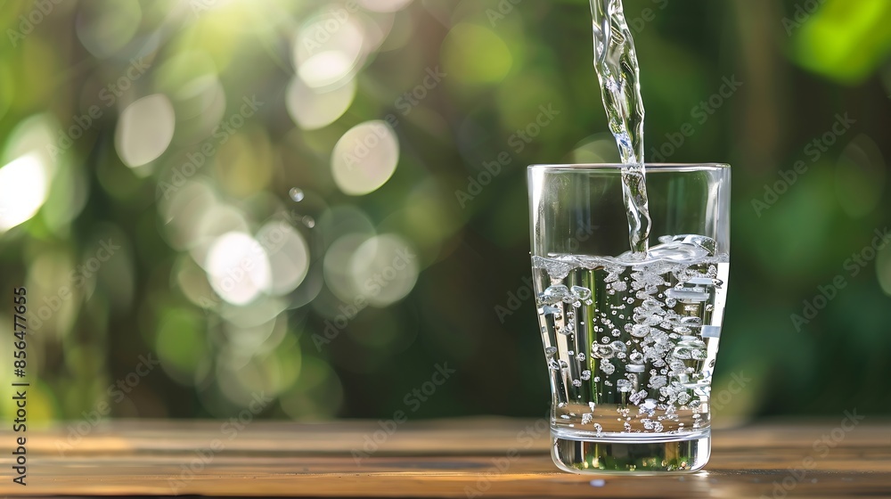 Poster Pouring drinking water into glass on wooden table on blurred green nature bokeh background : Generative AI