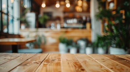 Blurred background of a cozy, rustic cafe interior with a focus on a wooden table in the foreground.