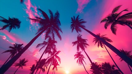 Obraz premium Vivid Tropical Sunset with Silhouetted Palm Trees