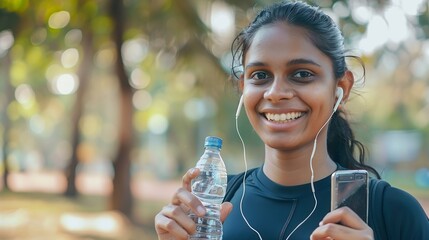 Portrait of a smiling young sporty Indian girl in sportswear standing outside in a park wearing headphones holding a phone a clip and a bottle of water looking confidently at the camer : Generative AI