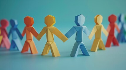 Colorful Origami Figures Holding Hands Against Blue Background