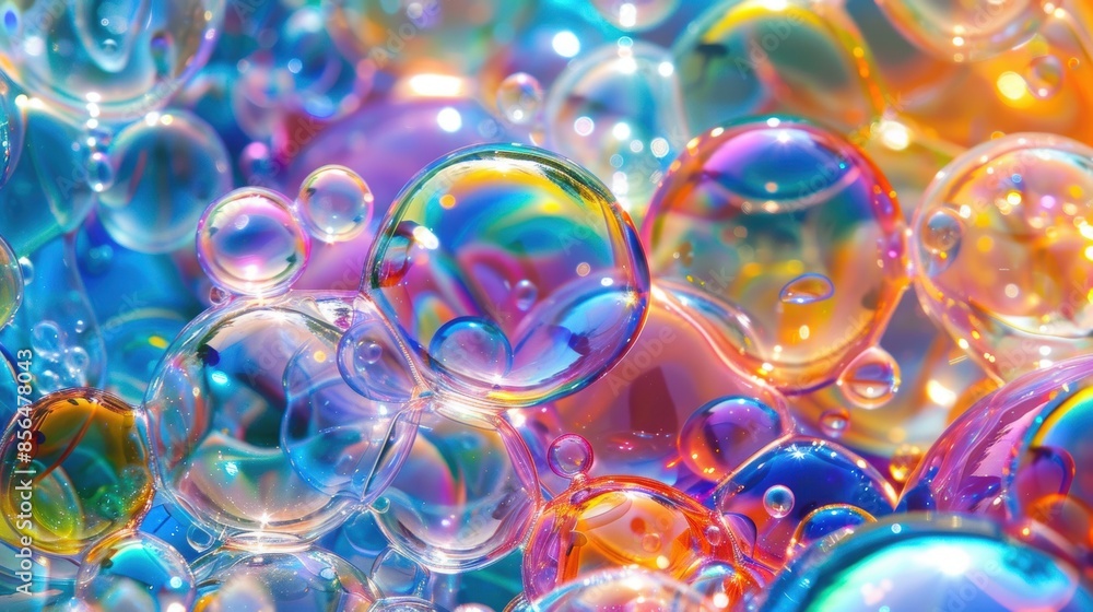 Aufkleber a close-up view of iridescent bubbles featuring rainbow reflections and a vibrant, colorful backgrou