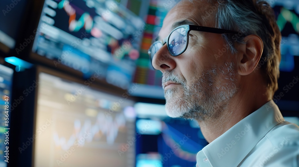 Poster portrait of a middle aged man working on the floor in a modern stock exchange firm specialist monito