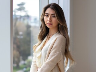 Fototapeta premium A woman with long brown hair and a necklace is standing in front of a window