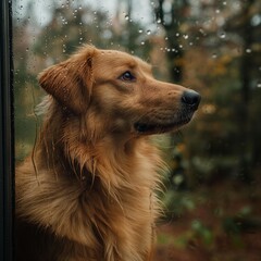 Obraz premium Dog Looking Out Window on a Rainy Day