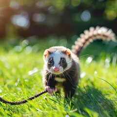 Pet ferret on leash walking on grass