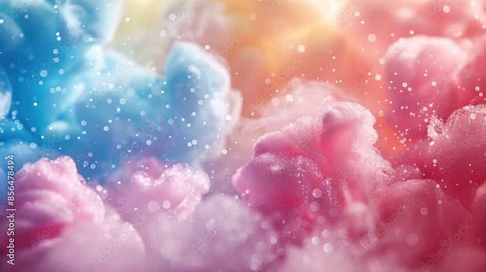 Poster soft pastel-colored cotton candy clouds with sparkles, creating a dreamy and whimsical background wi