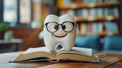 Smiling Tooth Reading Book In Cozy Library With Glasses
