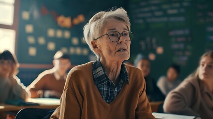 A senior woman educates her peers in a classroom highlighting the importance of lifelong learning and the joy of acquiring new knowledge at any age : Generative AI
