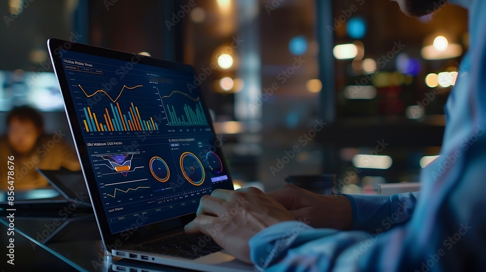 Leinwandbilder businessman works on laptop showing 2024 business trends dashboard with charts metrics ai ecommerce 