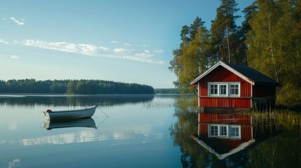 Fototapeta premium Serene Lakeside Cabin with Boat at Dawn Surrounded by Trees and Calm Waters