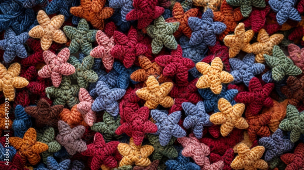 Poster a vibrant collection of multicolored crochet stars, showcasing intricate patterns and textures in a 