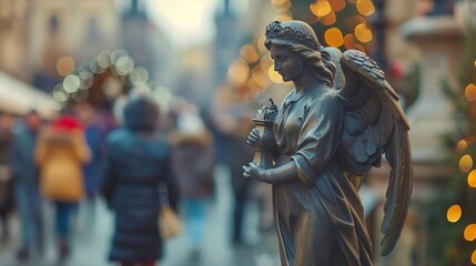 Fototapeta premium Statues souvenirs in the form of an angel hanging on the background of Prague Holiday a blurry crowd of people : Generative AI