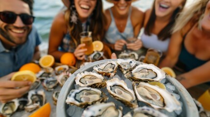 In a cozy beach cabana a group of friends share laughs and stories over a platter of freshly shucked oysters and bright citrus wedges.