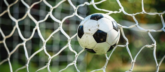Soccer Ball Stuck in Net with Green Nature Background in Bright Sunlight