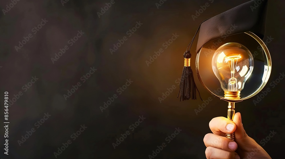 Poster hand holding magnifier with lightbulb graduation hat inside education course degree concept internet