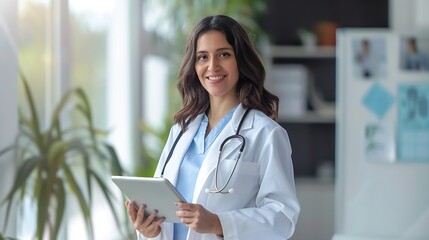 Closeup portrait of a young Latin American female doctor standing in the office in a white coat holding a tablet and smiling at the camera : Generative AI