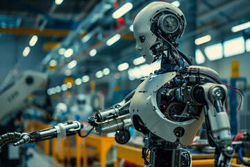 Fototapeta premium Robot human working at automobile factory, AI artificial intelligence