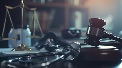 In personal injury law a lawyer wields legal authority balancing medicine and justice guiding decisions with a gavels weight to ensure rightful outcomes Personal injury law concept : Generative AI