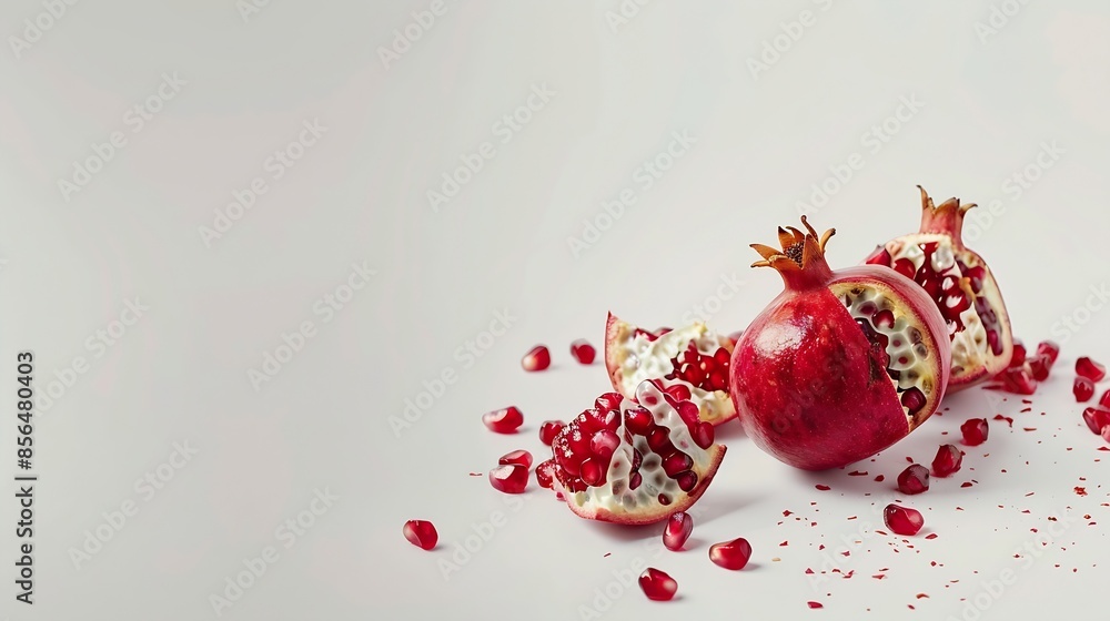 Poster deconstructed scene with beautifully arranged fresh healthy pomegranate with a white background : ge