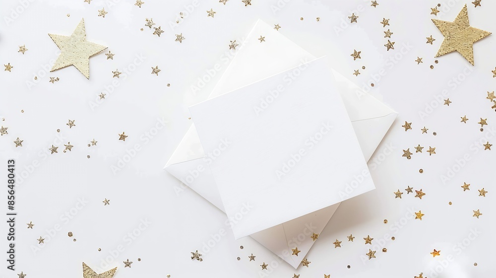 Poster white blank paper square card mockup and golden various sizes stars confetti on white christmas back