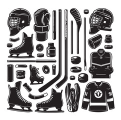 Set of ice hockey player and equipment icon. Vector illustration. Set include: player, helmet, sticks, goalkeeper, puck and skates silhouettes. Elements for badge, logo design