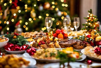 This is a festive scene set around a table covered in a white tablecloth