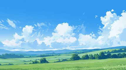 Fototapeta premium Tranquil Landscape with Rolling Hills and Fluffy Clouds