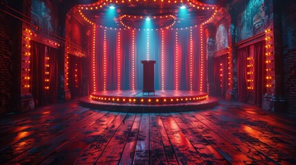 Obraz premium A vibrant, illuminated stage with red lights and a dark, rustic atmosphere, perfect for entertainment or performance themes.