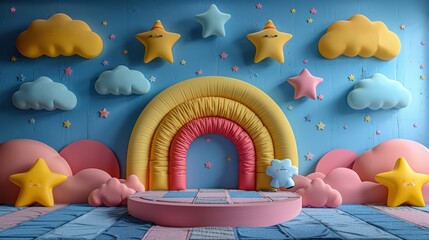 Colorful children's stage setup with star, cloud, and rainbow decorations, designed for kids' events and parties.
