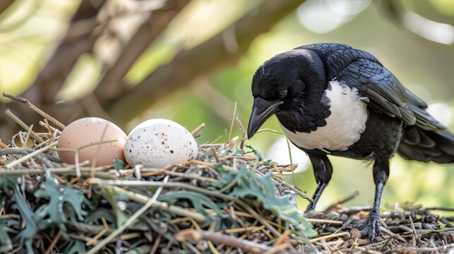 Magpie stealing eggs, Urraca robando huevos, urraca pajaro, urracas